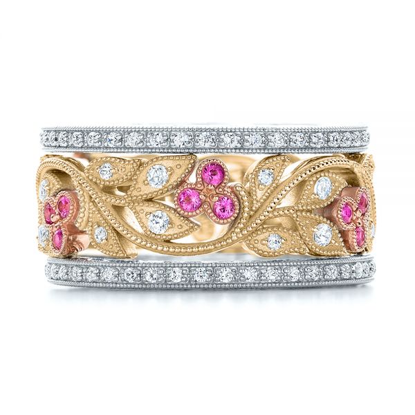 18k Yellow Gold And 18K Gold 18k Yellow Gold And 18K Gold Diamond And Pink Sapphire Organic Stackable Eternity Band - Front View - 101919