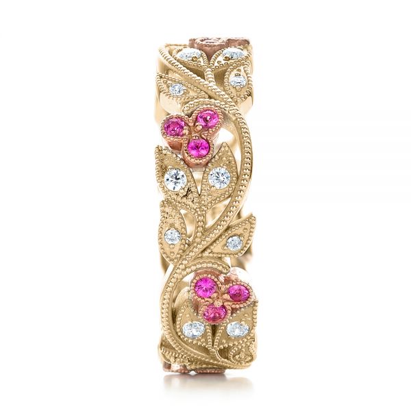 18k Yellow Gold And 18K Gold 18k Yellow Gold And 18K Gold Diamond And Pink Sapphire Organic Stackable Eternity Band - Side View -  101919