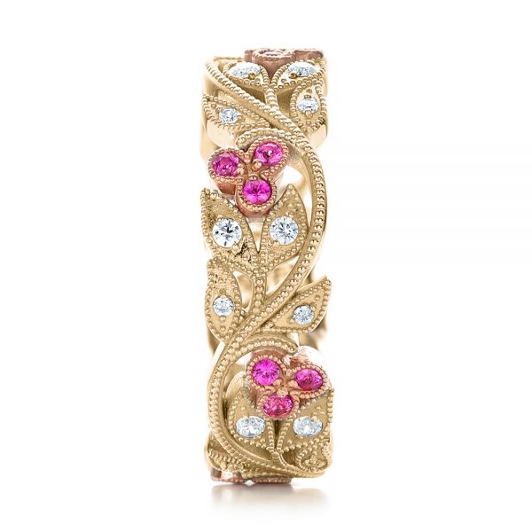 18k Yellow Gold And 18K Gold 18k Yellow Gold And 18K Gold Diamond And Pink Sapphire Organic Stackable Eternity Band - Side View - 101919