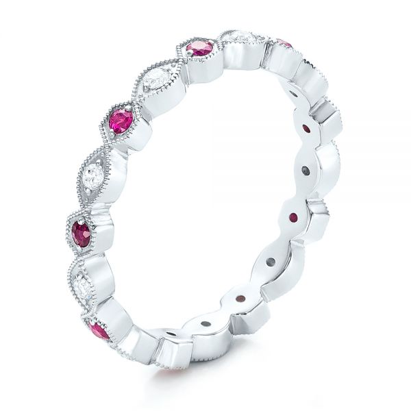 18k White Gold Diamond And Pink Sapphire Stackable Eternity Band - Three-Quarter View -  101898