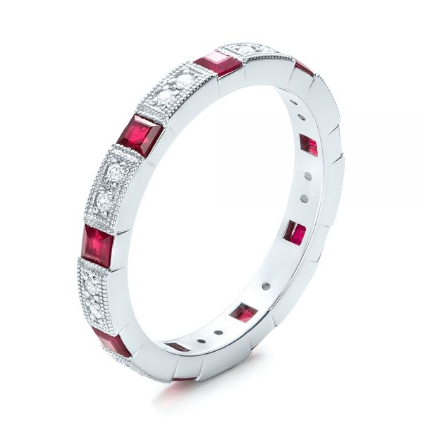 18k White Gold Diamond And Ruby Stackable Eternity Band - Three-Quarter View -  101915