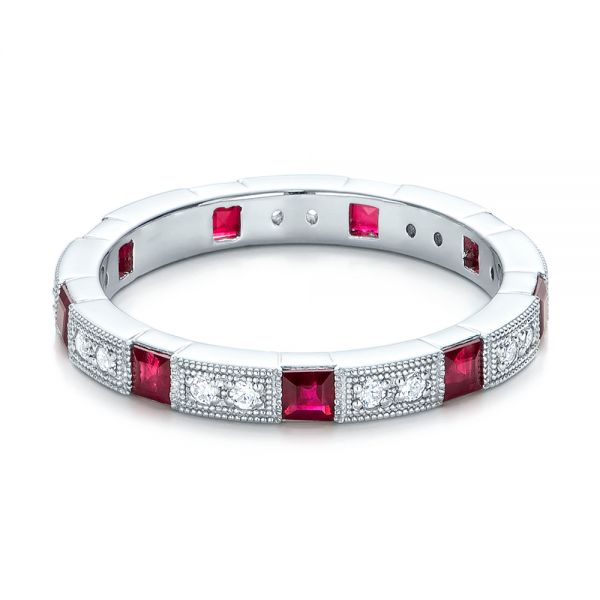 18k White Gold Diamond And Ruby Stackable Eternity Band - Flat View -  101915