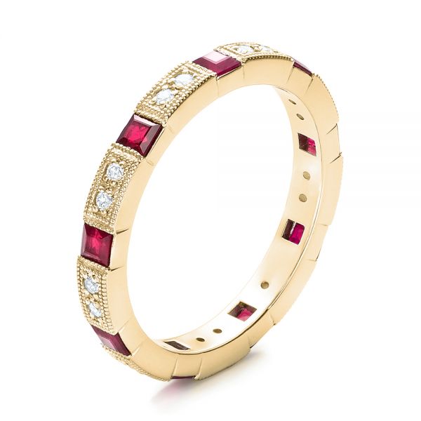 14k Yellow Gold 14k Yellow Gold Diamond And Ruby Stackable Eternity Band - Three-Quarter View - 101915