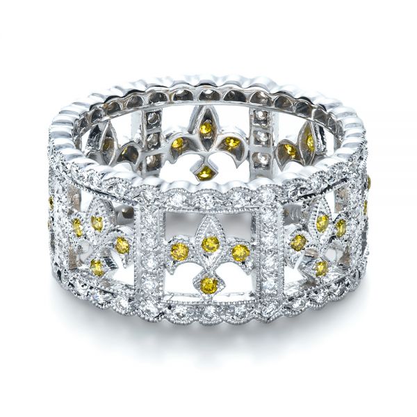 18k White Gold Fleur-de-lis Yellow And White Diamond Women's Anniversary Band - Flat View -  1249