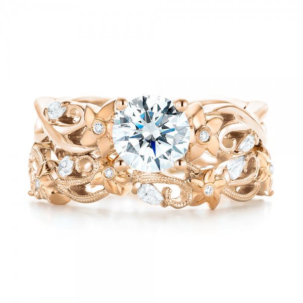 14k Rose Gold And Platinum 14k Rose Gold And Platinum Floral Filigree And Diamond Eternity Wedding Band - Top View -  102865