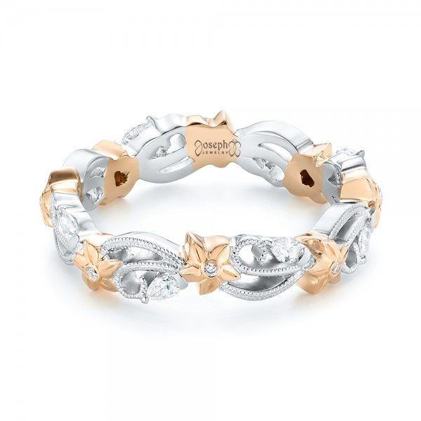 14k White Gold And 18K Gold 14k White Gold And 18K Gold Floral Filigree And Diamond Eternity Wedding Band - Flat View - 102865