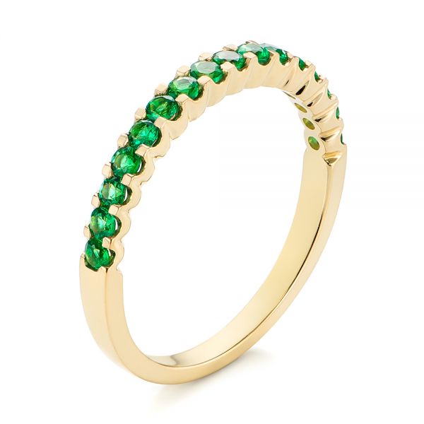 18k Yellow Gold 18k Yellow Gold Green Emerald Wedding Band - Three-Quarter View -  104591