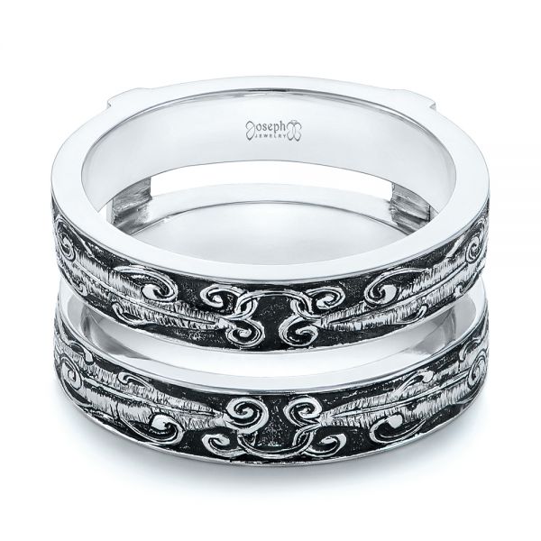 18k White Gold Hand Engraved Black Antiqued Jacket Wedding Band - Flat View - 105335