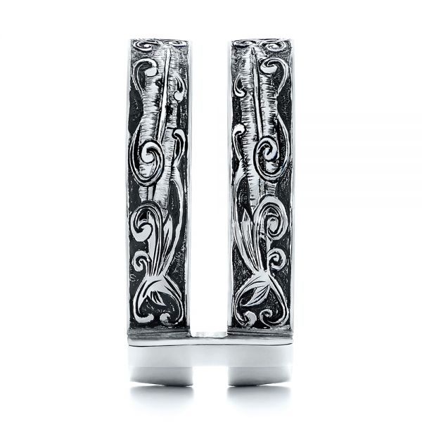 18k White Gold Hand Engraved Black Antiqued Jacket Wedding Band - Side View - 105335