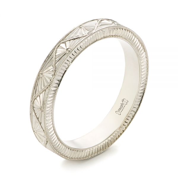 14k White Gold Hand-engraved Wedding Band - Three-Quarter View -  103495