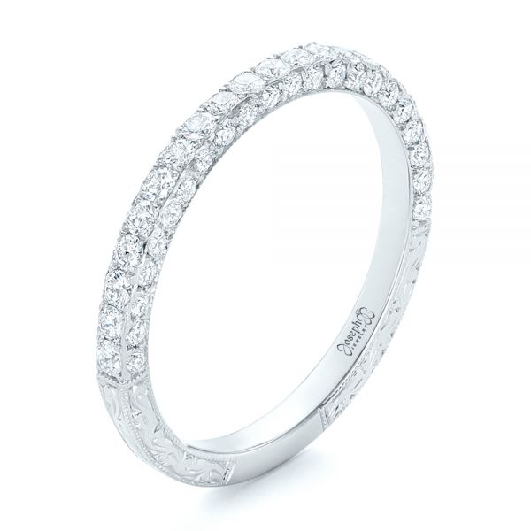 14k White Gold Pave Diamond Hand Engraved Wedding Band - Three-Quarter View -  102507