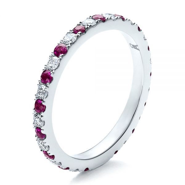 18k White Gold Pink Sapphire Eternity Band With Matching Engagement Ring - Three-Quarter View -  100000