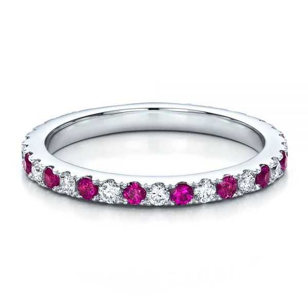18k White Gold Pink Sapphire Eternity Band With Matching Engagement Ring - Flat View - 100000