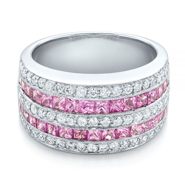 14k White Gold 14k White Gold Pink Sapphire And Diamond Anniversary Band - Flat View -  101331