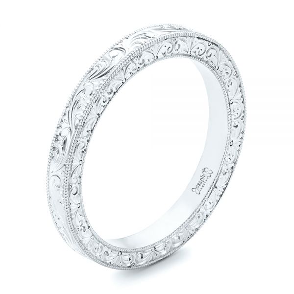 18k White Gold 18k White Gold Hand Engraved Wedding Band - Three-Quarter View - 102439