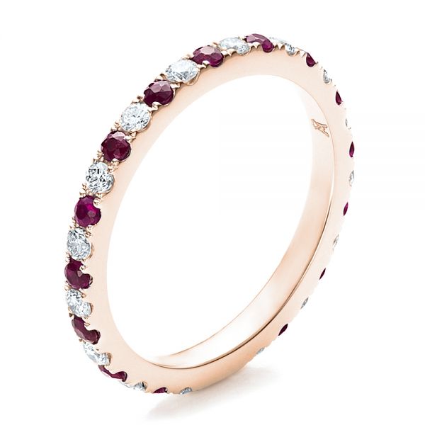 18k Rose Gold 18k Rose Gold Ruby Band With Matching Engagement Ring - Three-Quarter View -  100002