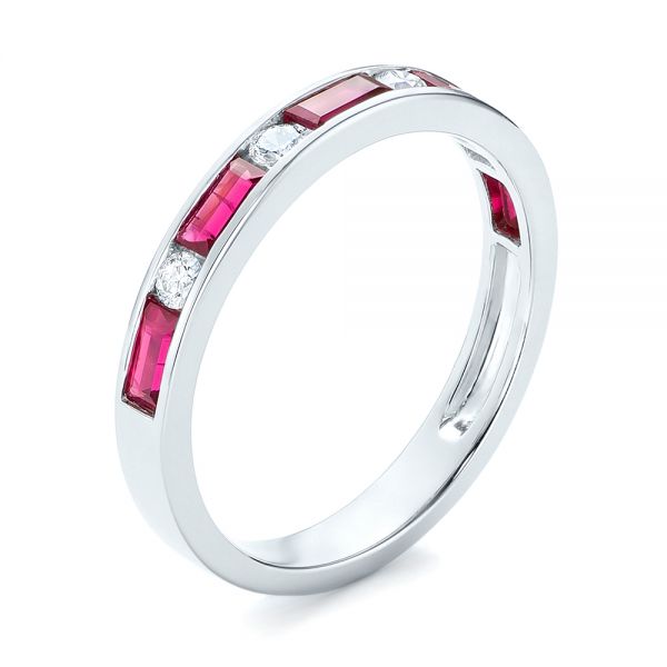 18k White Gold 18k White Gold Ruby And Diamond Wedding Band - Three-Quarter View -  103761