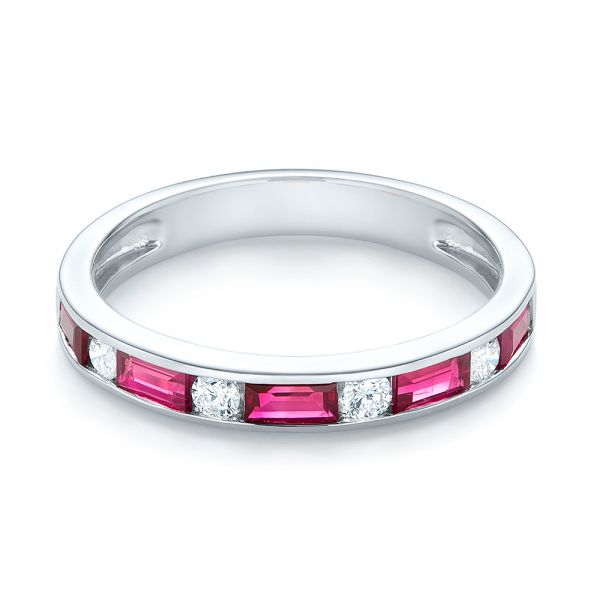 14k White Gold Ruby And Diamond Wedding Band - Flat View -  103761