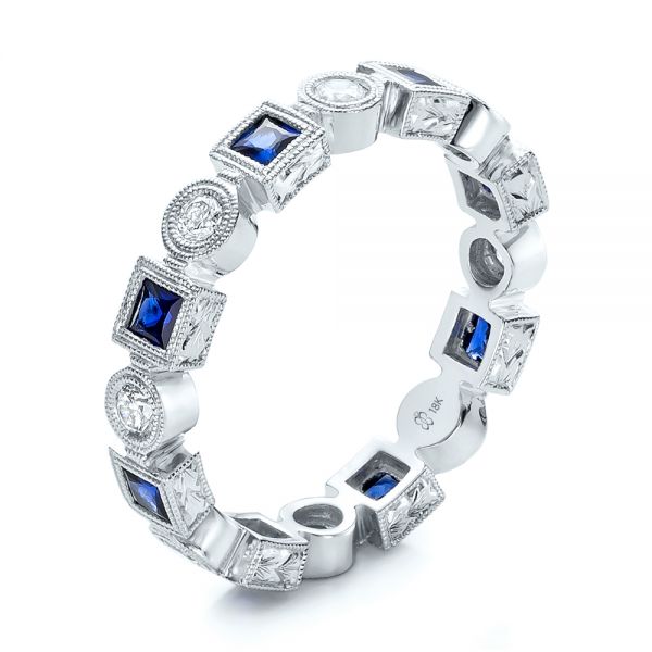 18k White Gold Stackable Diamond And Blue Sapphire Eternity Band - Three-Quarter View -  101874