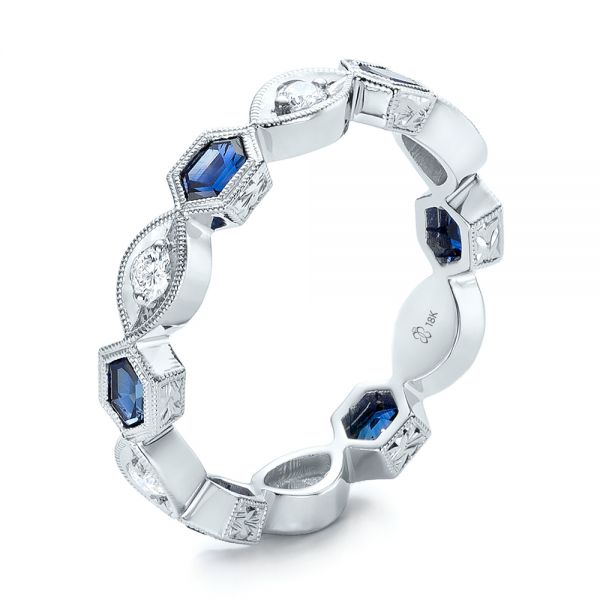 18k White Gold Stackable Diamond And Blue Sapphire Eternity Band - Three-Quarter View -  101876