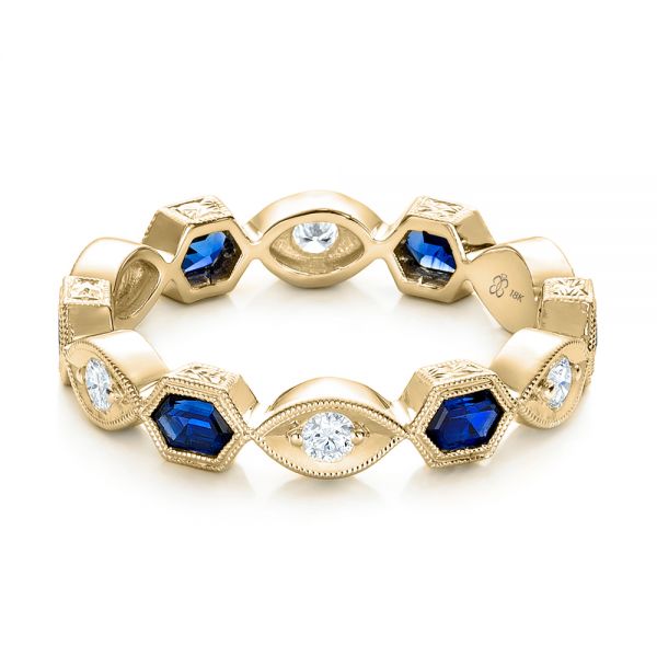 18k Yellow Gold 18k Yellow Gold Stackable Diamond And Blue Sapphire Eternity Band - Flat View -  101876