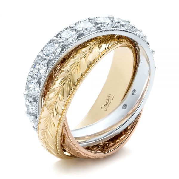  18K Gold And 18K Gold And Platinum Three-tone Hand Engraved Anniversary Band - Three-Quarter View -  101834