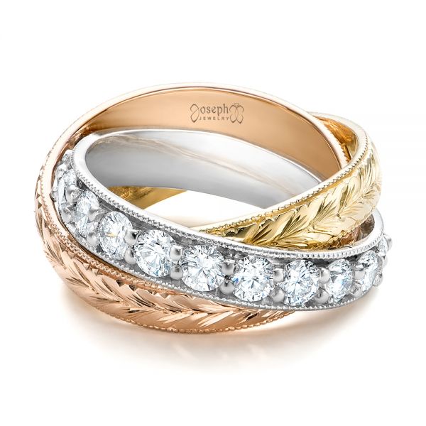  18K Gold And 18K Gold And Platinum Three-tone Hand Engraved Anniversary Band - Flat View -  101834