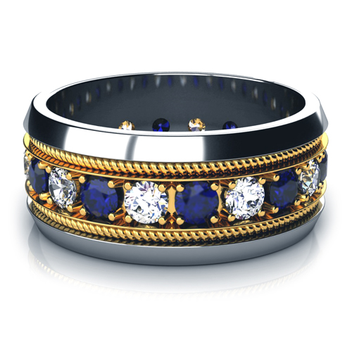  18K Gold Two-tone Blue Sapphire And Diamond Women's Anniversary Band - Three-Quarter View -  946 - Thumbnail