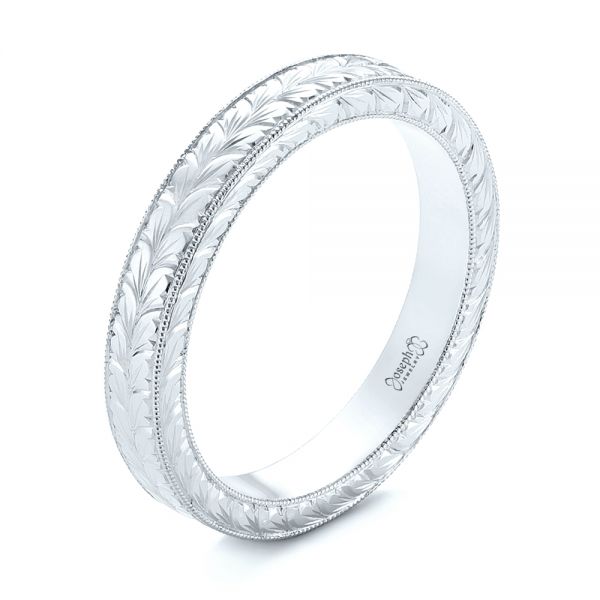 14k White Gold 14k White Gold Hand Engraved Wedding Band - Three-Quarter View -  103462