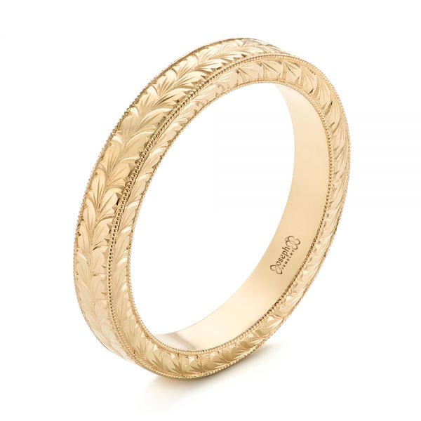 14k Yellow Gold Hand Engraved Wedding Band - Three-Quarter View -  103462