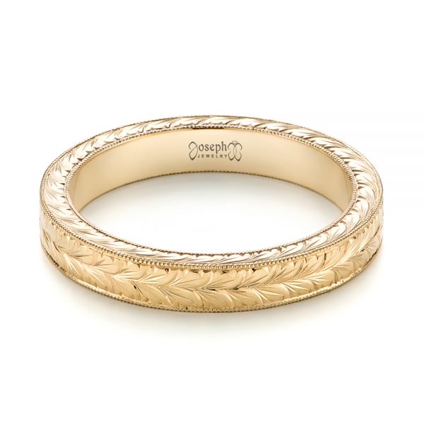 14k Yellow Gold Hand Engraved Wedding Band - Flat View -  103462