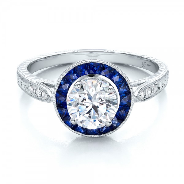 Art Deco Style Blue Sapphire Halo and Diamond Engagement #100385