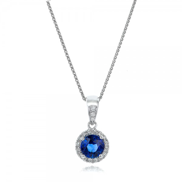 Necklaces-Blue Sapphire and Diamond Halo Pendant