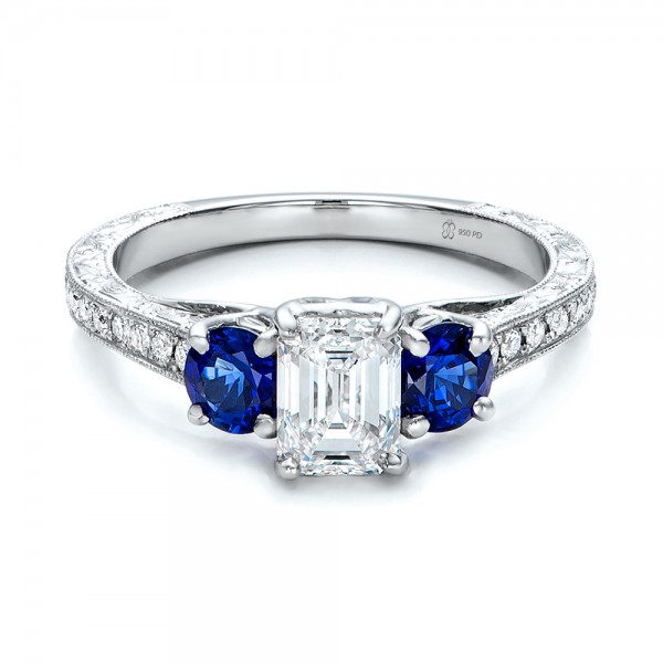 Custom Emerald Cut Diamond and Blue Sapphire Engagement Ring #101242 ...