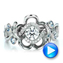 18k White Gold 18k White Gold Custom Organic Flower Halo Diamond And Blue Topaz Engagement Ring - Video -  100626 - Thumbnail