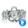 14k White Gold 14k White Gold Custom Organic Flower Halo Diamond And Blue Topaz Engagement Ring - Video -  100626 - Thumbnail