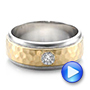  Platinum And 18k Yellow Gold Custom Two-tone Hammered Finish And Diamond Men's Band - Video -  100864 - Thumbnail