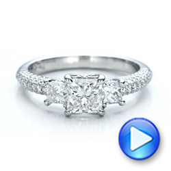 14k White Gold 14k White Gold Custom Three Stone And Pave Diamond Engagement Ring - Video -  100886 - Thumbnail