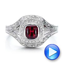 14k White Gold Custom Hand Engraved Ruby And Diamond Engagement Ring - Video -  101226 - Thumbnail