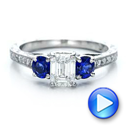 14k White Gold 14k White Gold Custom Emerald Cut Diamond And Blue Sapphire Engagement Ring - Video -  101242 - Thumbnail