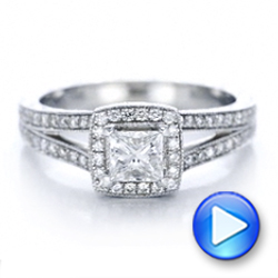  Platinum Platinum Custom Engraved Princess Cut And Halo Diamond Engagement Ring - Video -  101592 - Thumbnail