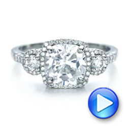 14k White Gold 14k White Gold Custom Three Stone Diamond Halo Engagement Ring - Video -  101934 - Thumbnail