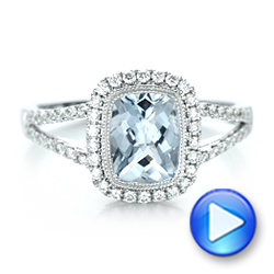 14k White Gold Aquamarine And Diamond Halo Split Shank Ring - Video -  101940 - Thumbnail