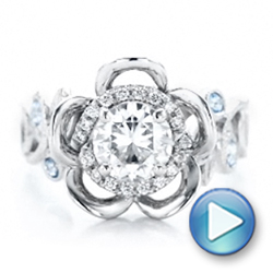 18k White Gold 18k White Gold Custom Organic Flower Halo Diamond And Blue Topaz Engagement Ring - Video -  101946 - Thumbnail