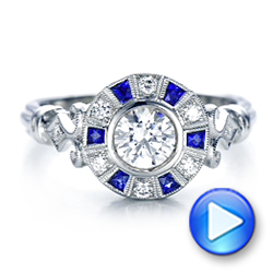 Art Deco Style Blue Sapphire Halo And Diamond Engagement Ring - Video -  101987 - Thumbnail