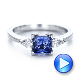 14k White Gold Custom Three Stone And Blue Sapphire Engagement Ring - Video -  102046 - Thumbnail