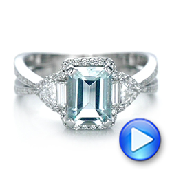 18k White Gold Custom Aquamarine And Diamond Halo Engagement Ring - Video -  102048 - Thumbnail