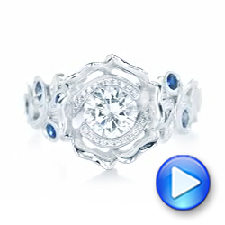  Platinum Platinum Organic Flower Halo Diamond And Blue Sapphire Engagement Ring - Video -  102115 - Thumbnail