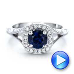 18k White Gold 18k White Gold Custom Blue Sapphire And Diamond Halo Engagement Ring - Video -  102153 - Thumbnail