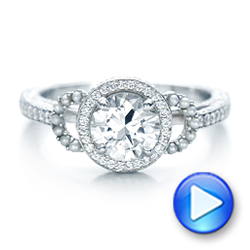 14k White Gold Custom White Pearl And Diamond Halo Engagement Ring - Video -  102162 - Thumbnail